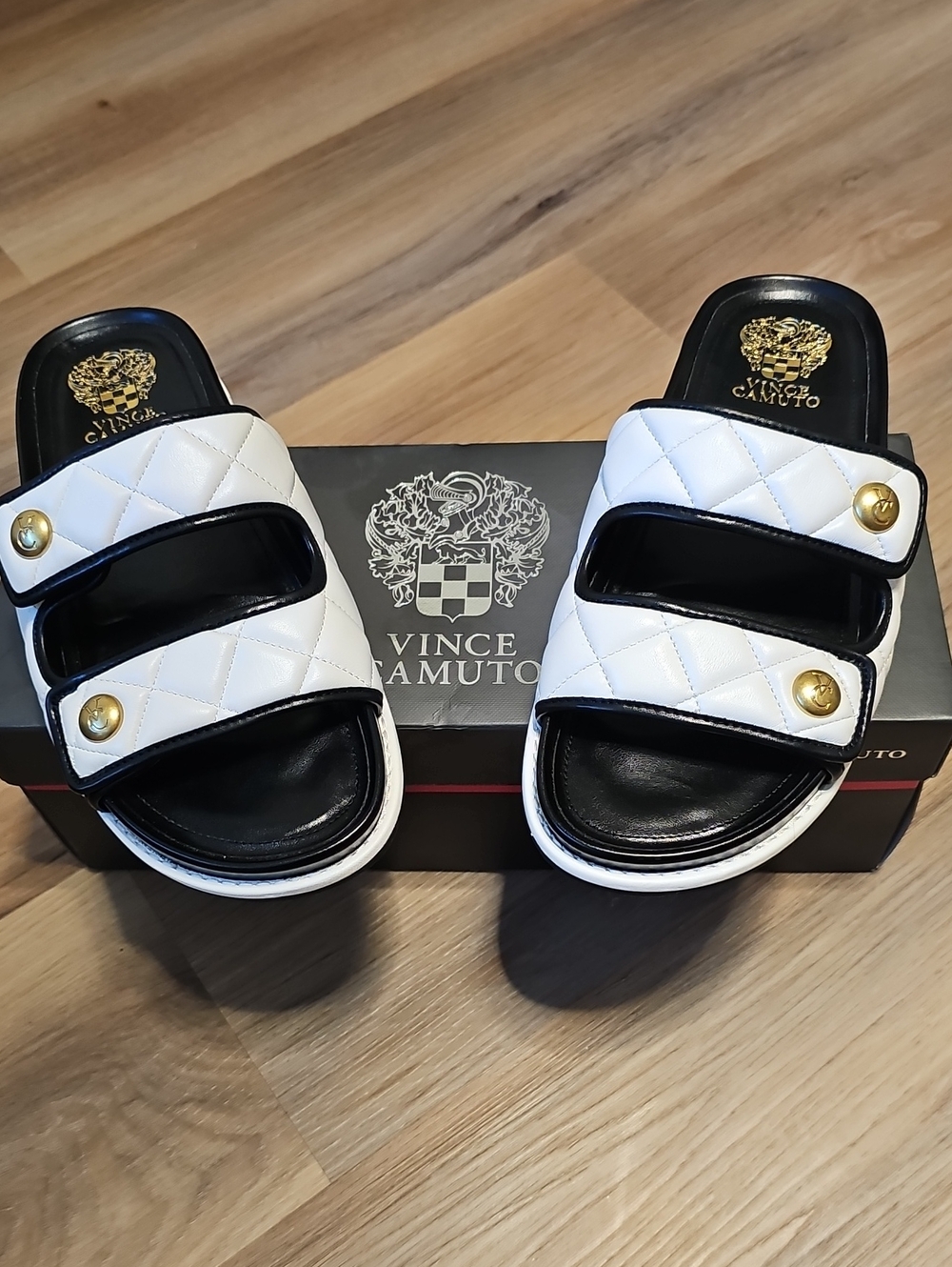 Vince Camuto White Quilted Slide Sandals